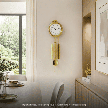 Wanduhr mit goldfarbenem rundem Zifferblatt und hängendem Pendel sowie Gewichtsstangen