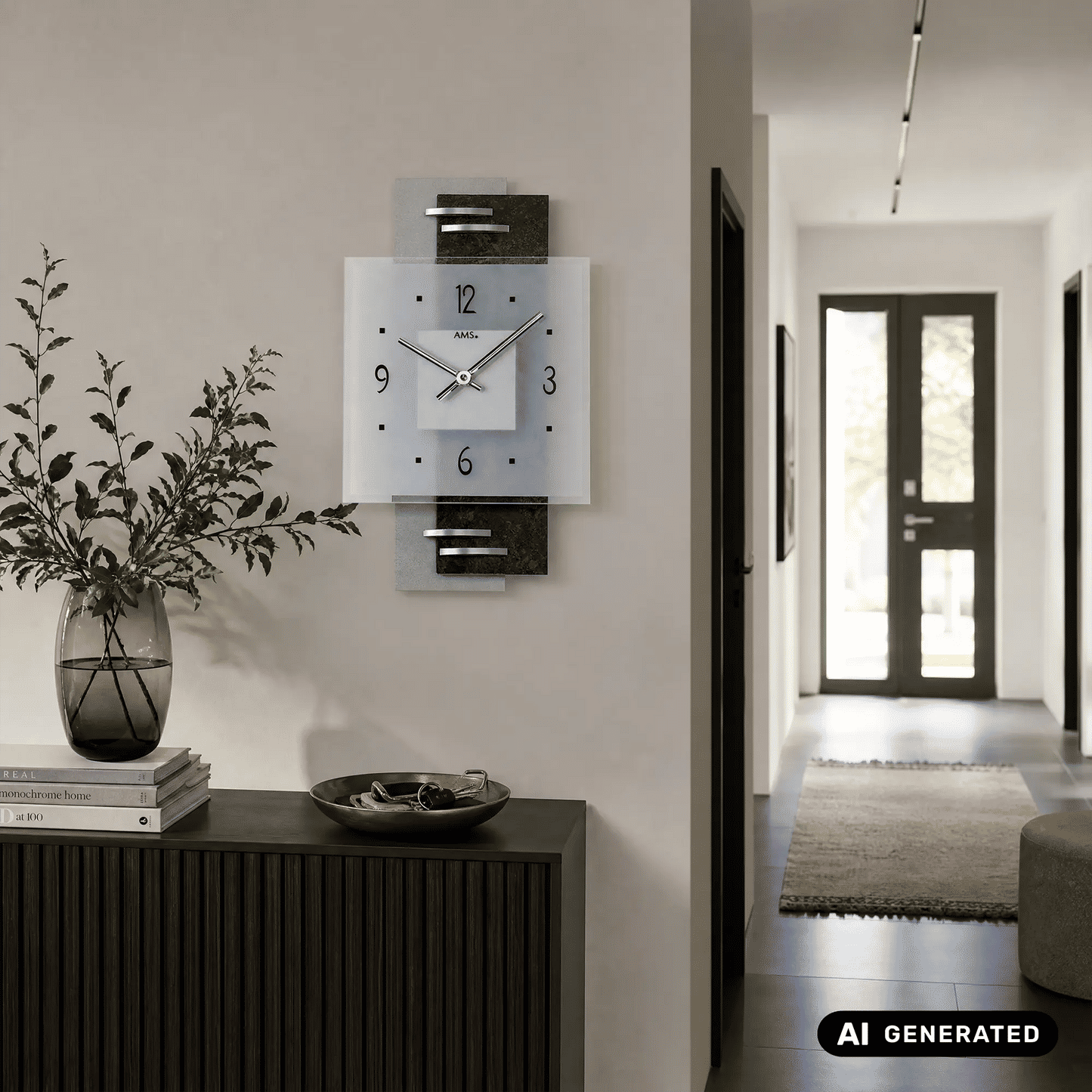 AMS Quarz-Wanduhr aus Schiefer & Glas, rechteckige Glasfront, arabische Ziffern