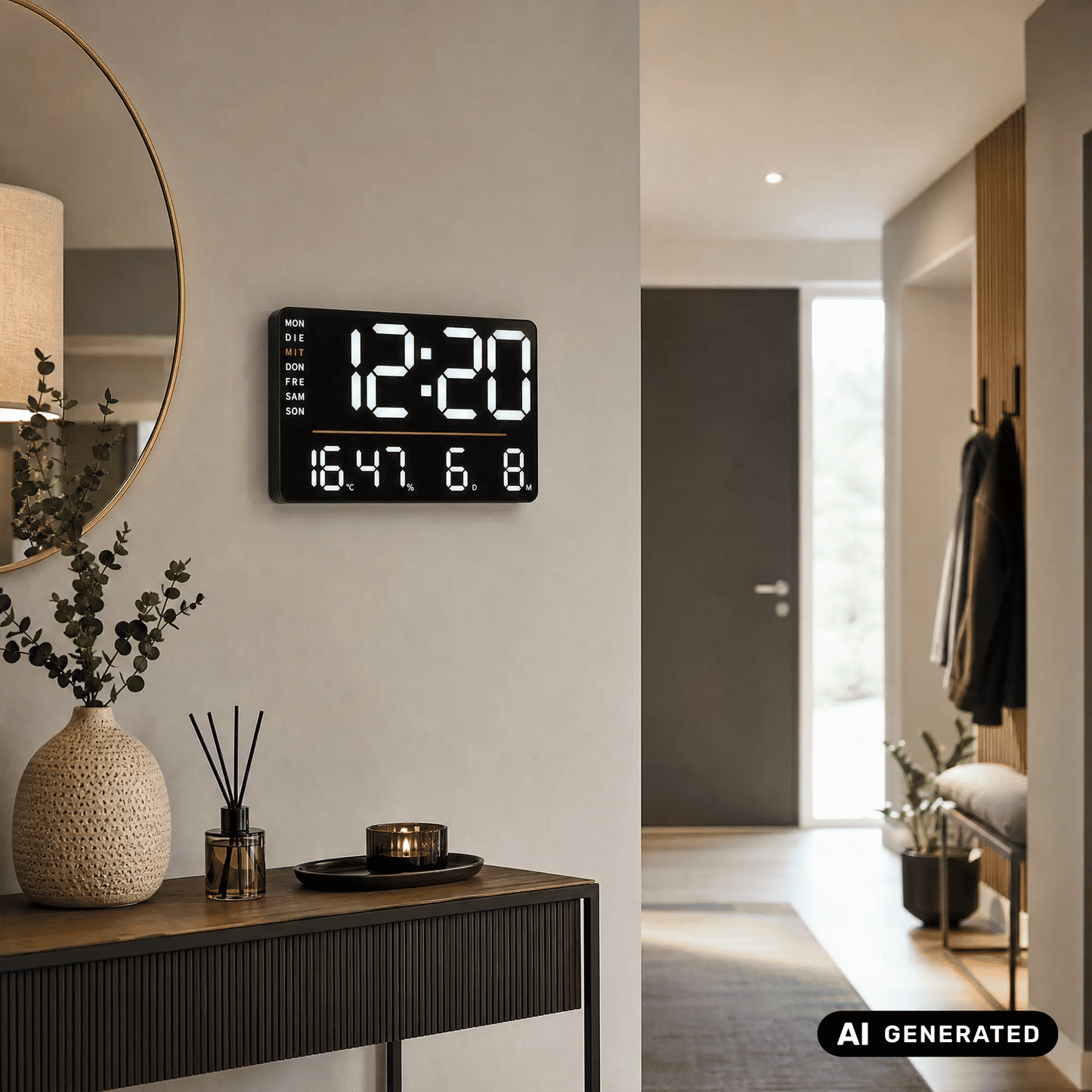 LED-Wanduhr mit Thermometerfunktion, rechteckiges schwarzes Gehäuse und große Anzeige