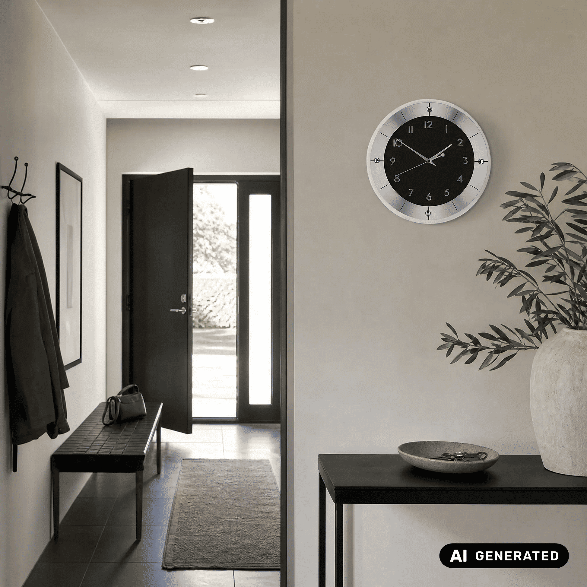 An der Wand montierte Wanduhr mit schwarzem Zifferblatt und silbernem Aluminiumrand