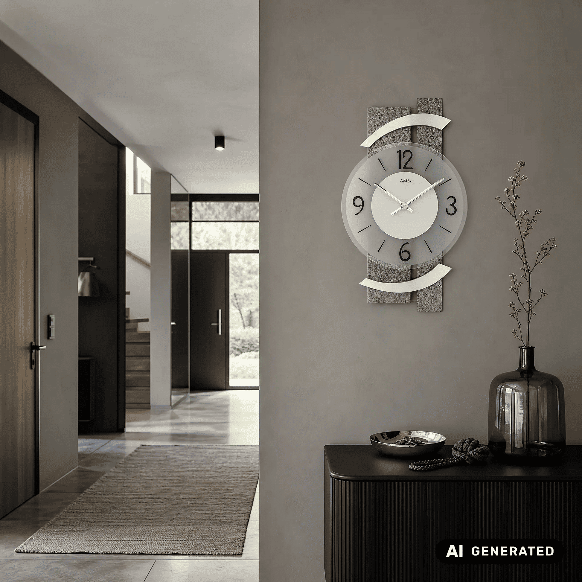 Wanduhr an der Wand mit rundem Rahmen, weißem Ziffernblatt und Zeigern