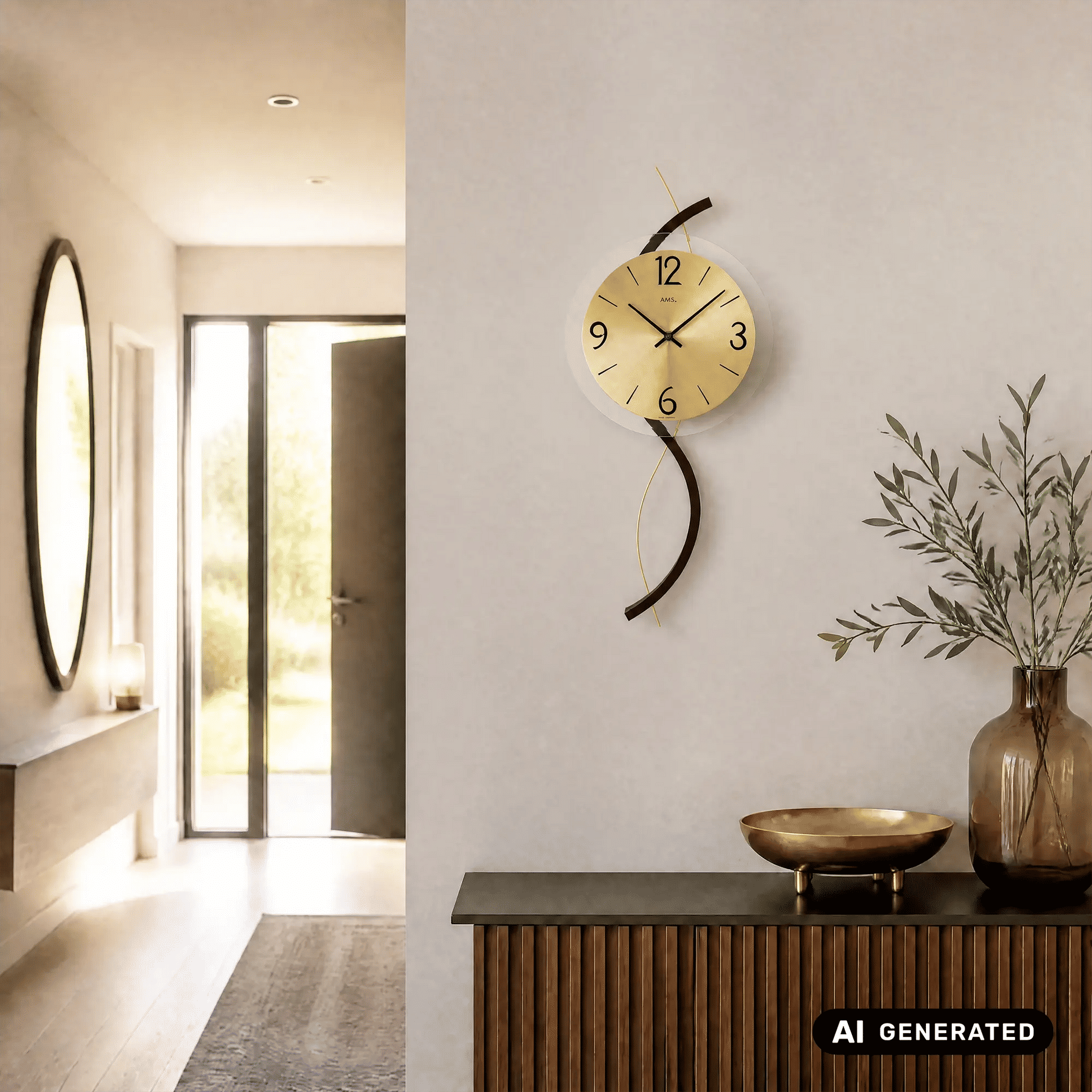 Wanduhr an der Wand: rundes Ziffernblatt mit Holzgehäuse und geschwungenem Metallelement, facettiertes Glas
