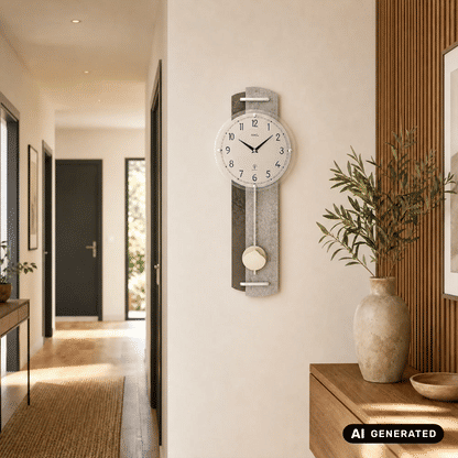 Wanduhr Steinstruktur an der Wand, rundes Zifferblatt mit Pendel