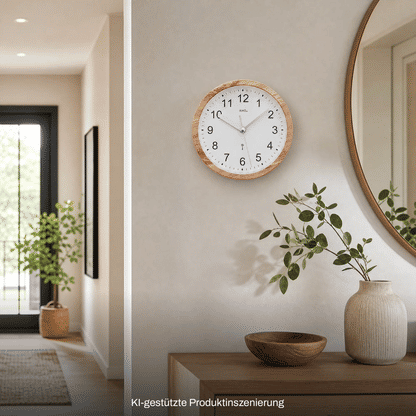Wanduhr an der Wand mit Holzoptik-Rahmen und weißem Zifferblatt, schwarze Zeiger