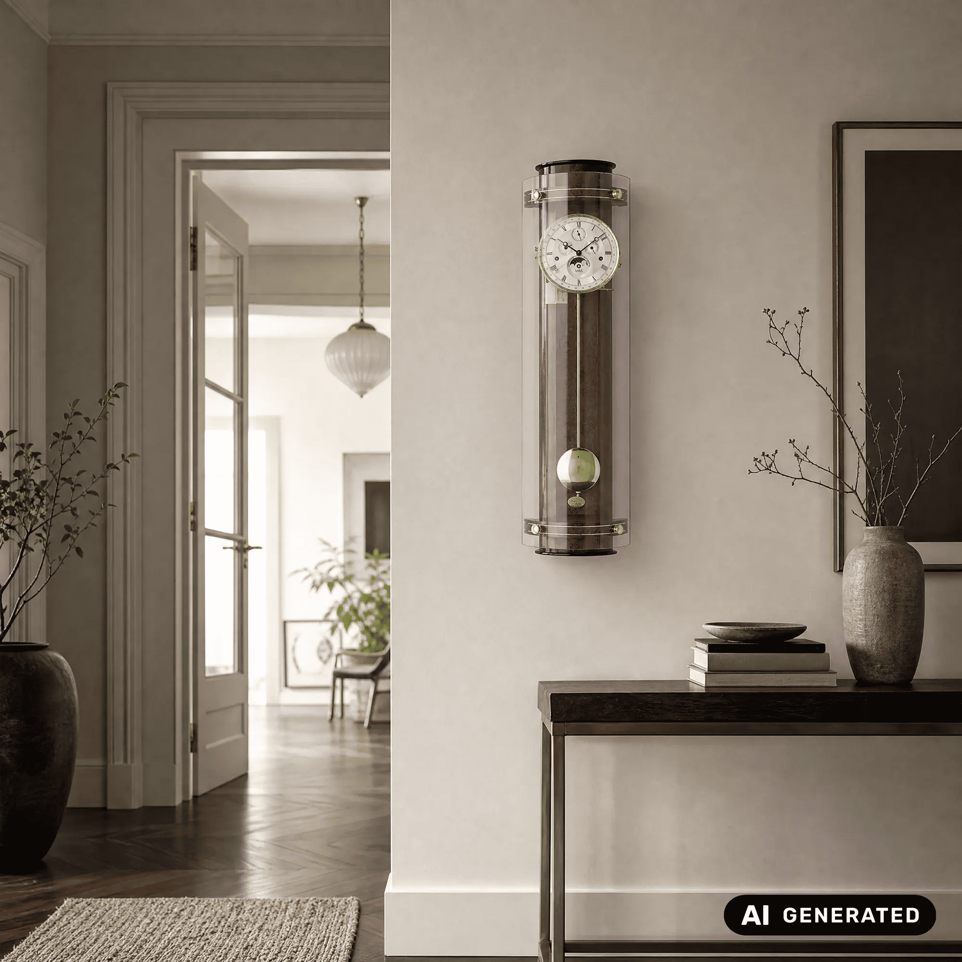 Wanduhr im Glaszylinder mit Zifferblatt und goldener Pendelkugel an der Wand