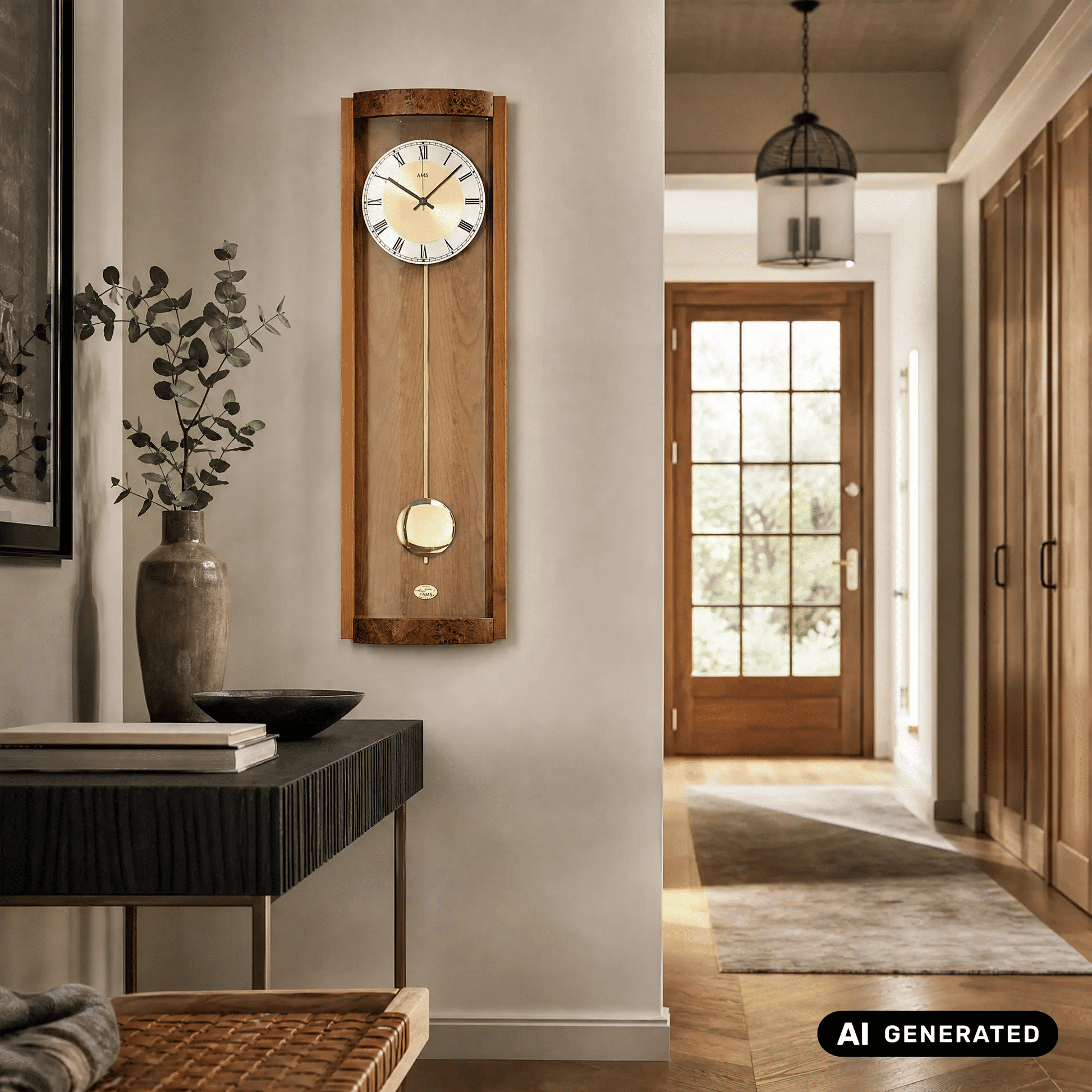 Wanduhr im Holzrahmen mit römischem Zifferblatt und goldenem Pendelgewicht.