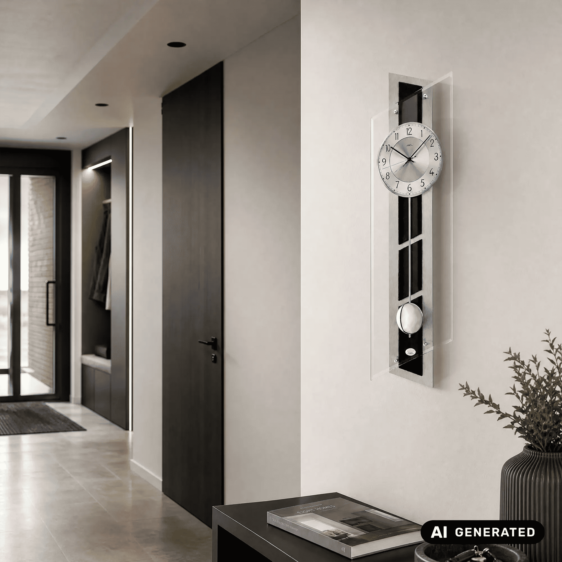 Wanduhr AMS mit Pendel, silberne Front und rundes Pendelgewicht an der Wand