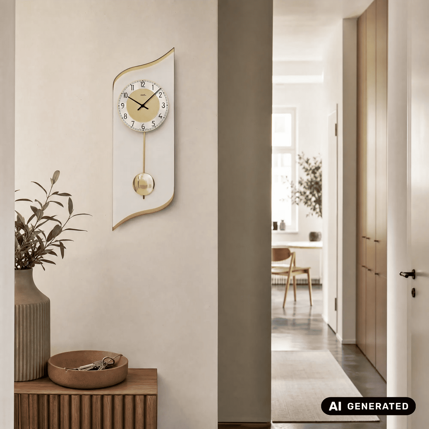 Wanduhr mit goldfarbener Umrandung und goldenem Pendel, weißes Zifferblatt