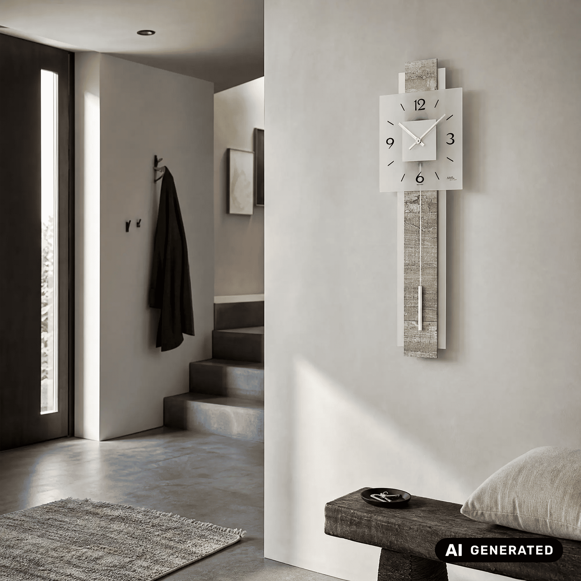 Wanduhr an der Wand mit weißem Ziffernblatt, Pendelarm und Betonstruktur