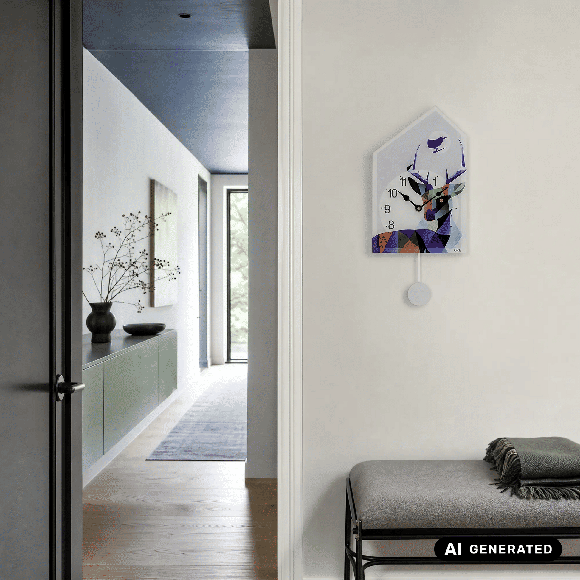 Wanduhr im Hausformat mit Vogelmotiv, Ziffernblatt und Pendelkugel