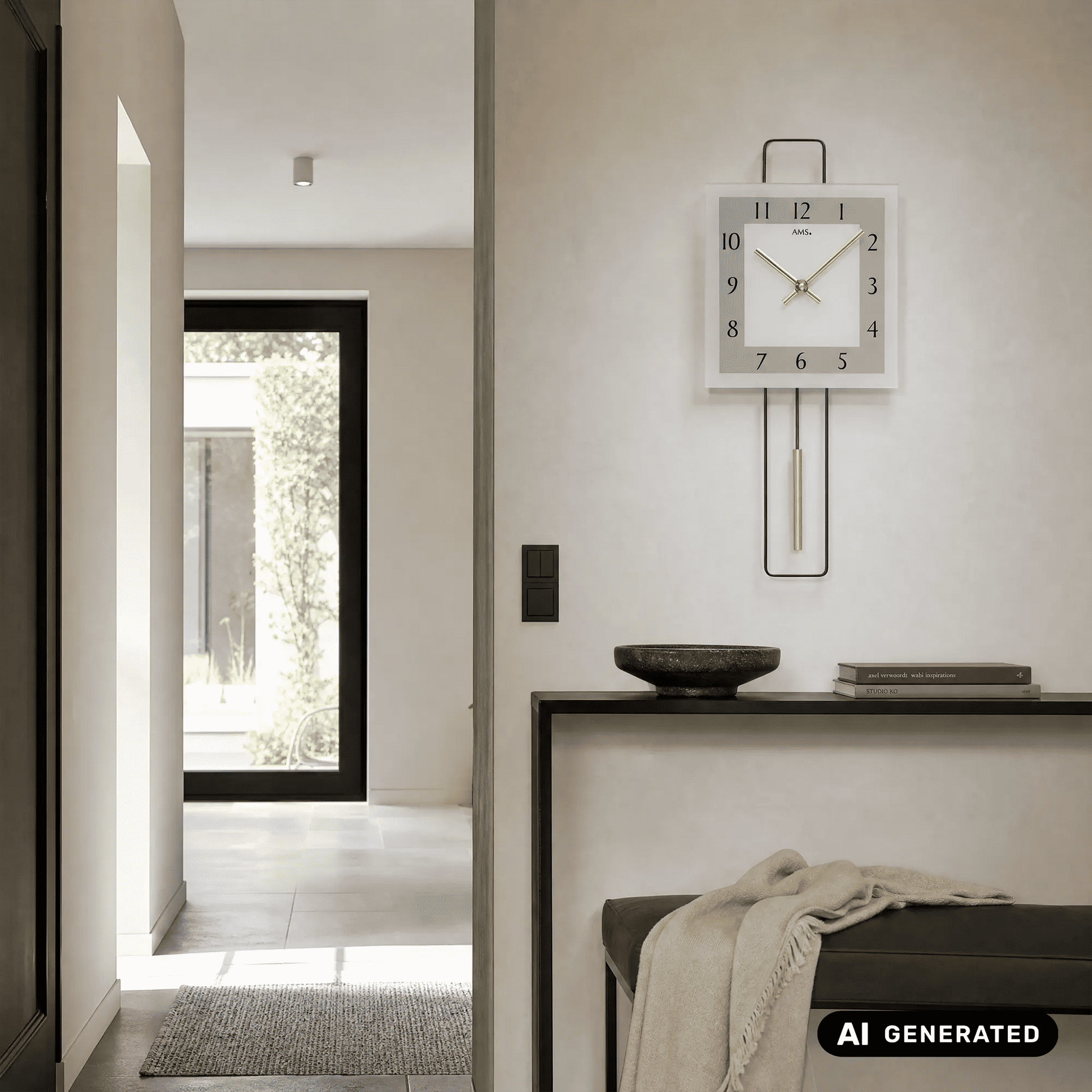 Wanduhr an der Wand mit goldfarbenem Pendel und rechteckigem Ziffernblatt