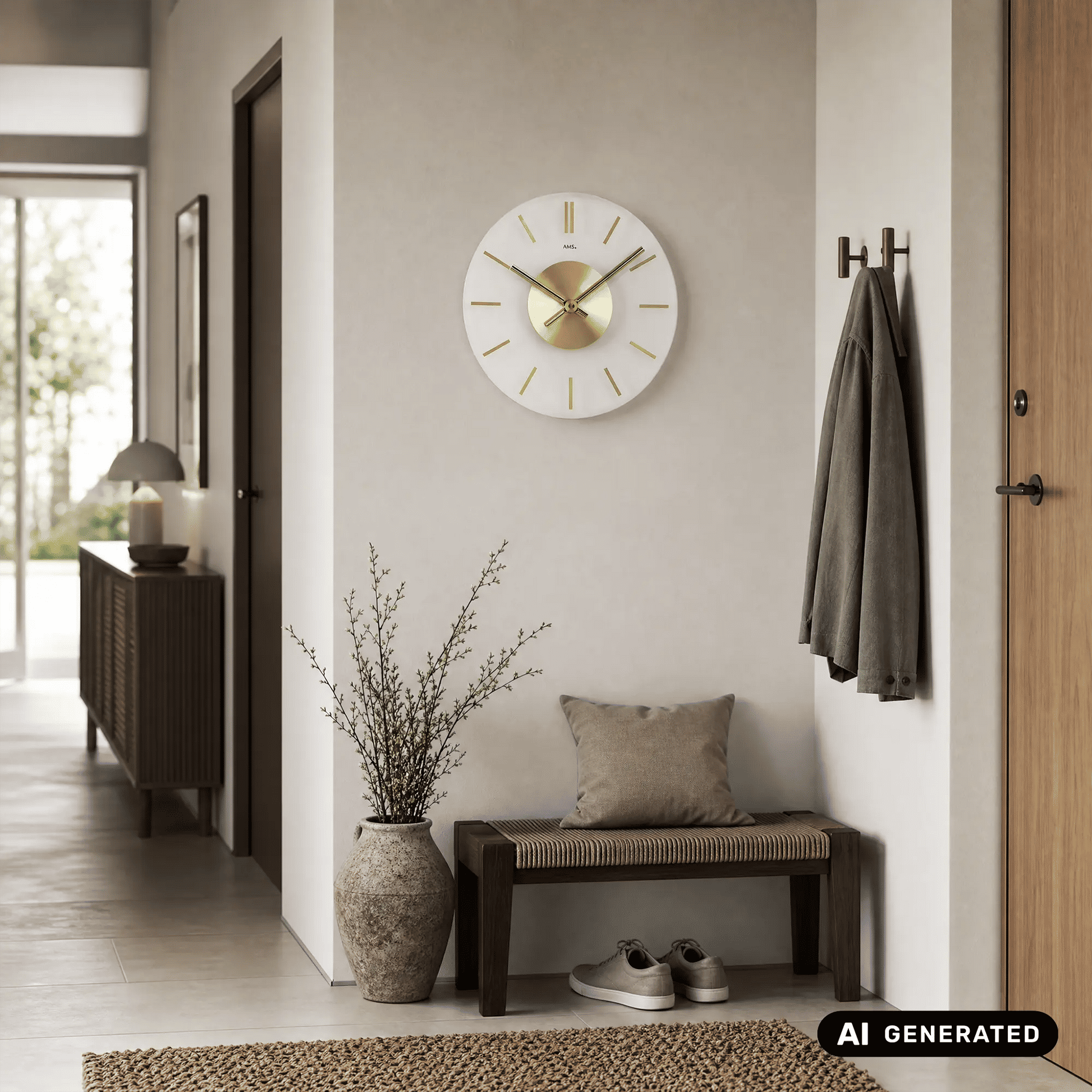 Wanduhr an der Wand mit weißem Ziffernblatt, goldenen Strichindizes und Messing-Optik