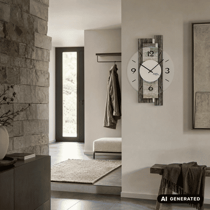 AMS W9544 Zegar ścienny dekor drewniany/kamień naturalny • Szkło mineralne ze szlifem fazowanym • Mechanizm kwarcowy