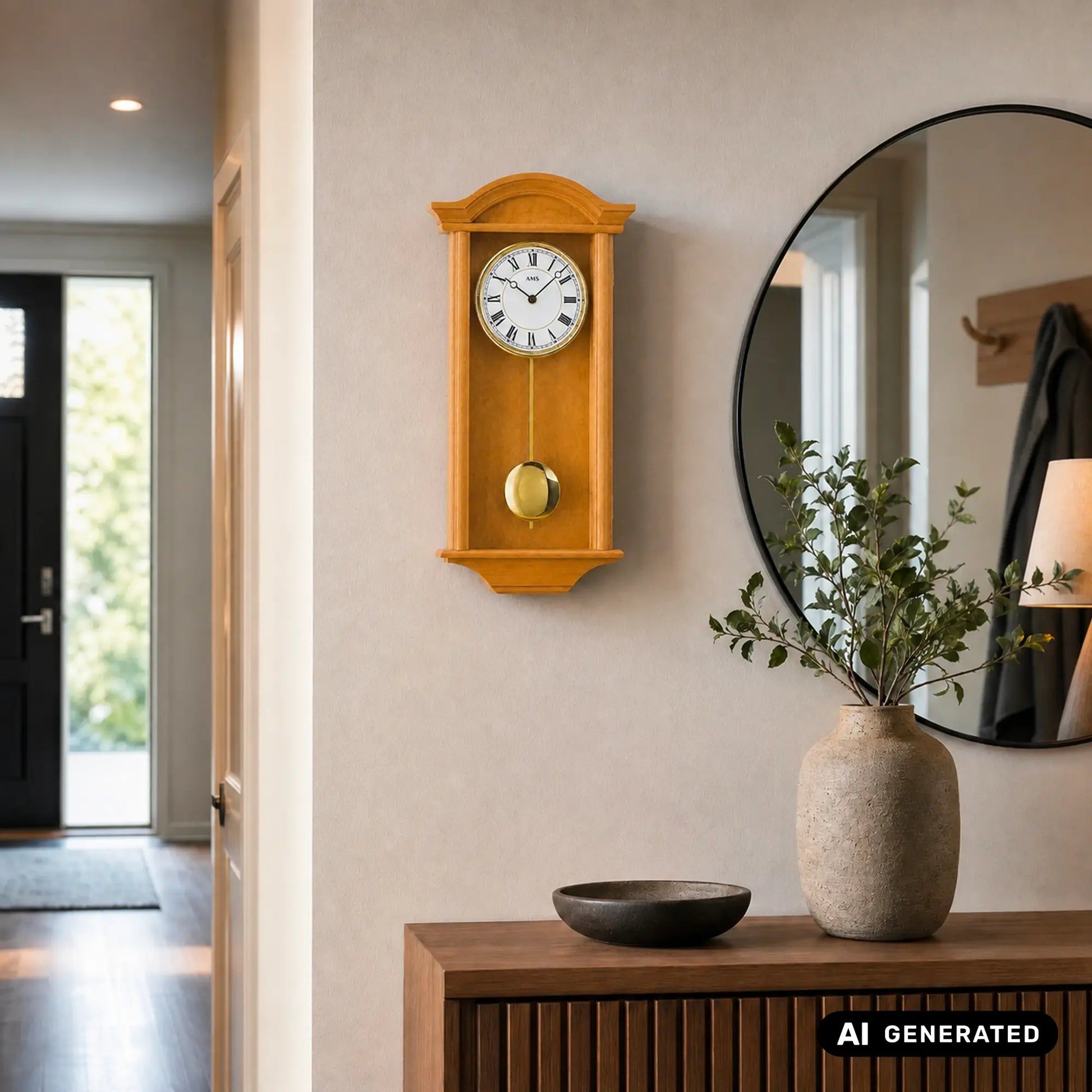 Wanduhr an der Wand in hellem Holz, Zifferblatt mit römischen Zahlen und goldenem Pendel
