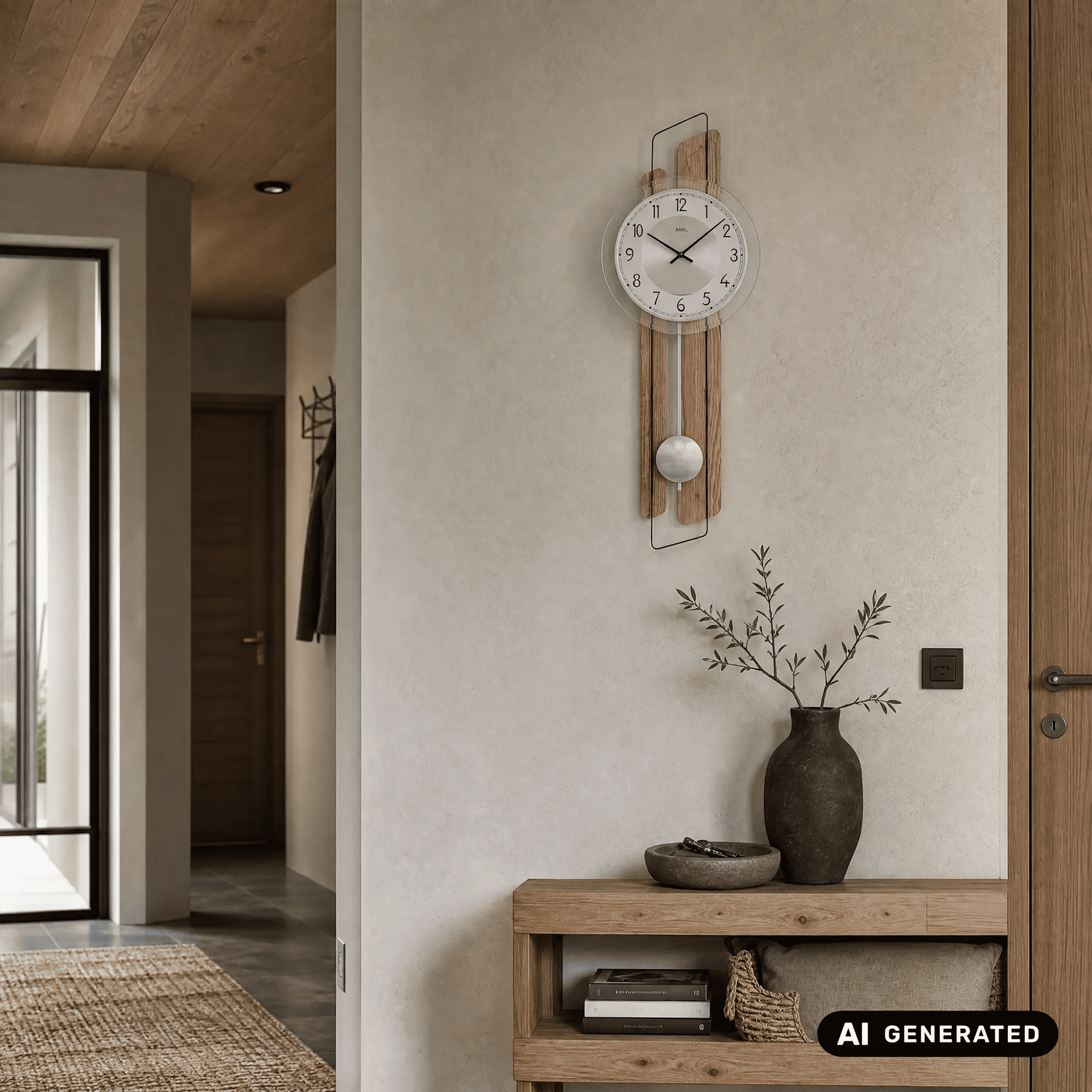 Wanduhr mit Holzstreifen, rundem Zifferblatt und weißer Kugel am Pendel