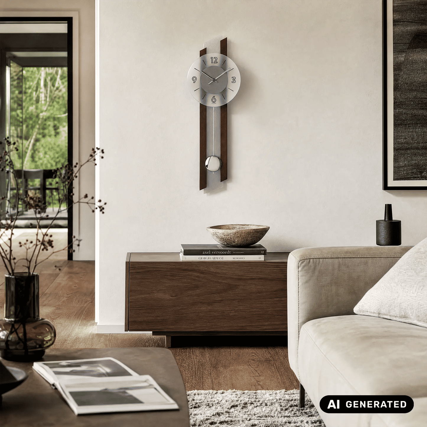 Wanduhr mit rundem Zifferblatt, Pendelgewicht und Nussbaum-Holzplatte an der Wand