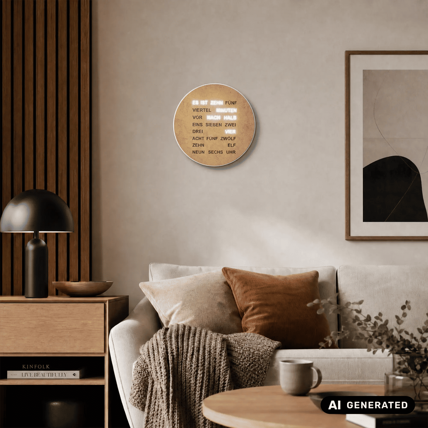 Runde Wortuhr in Altmessing-Optik an der Wand mit gedruckten Zeitwörtern