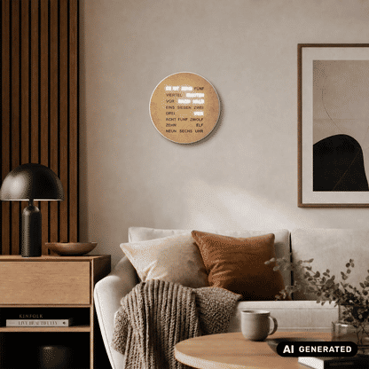 Runde Wortuhr in Altmessing-Optik an der Wand mit gedruckten Zeitwörtern