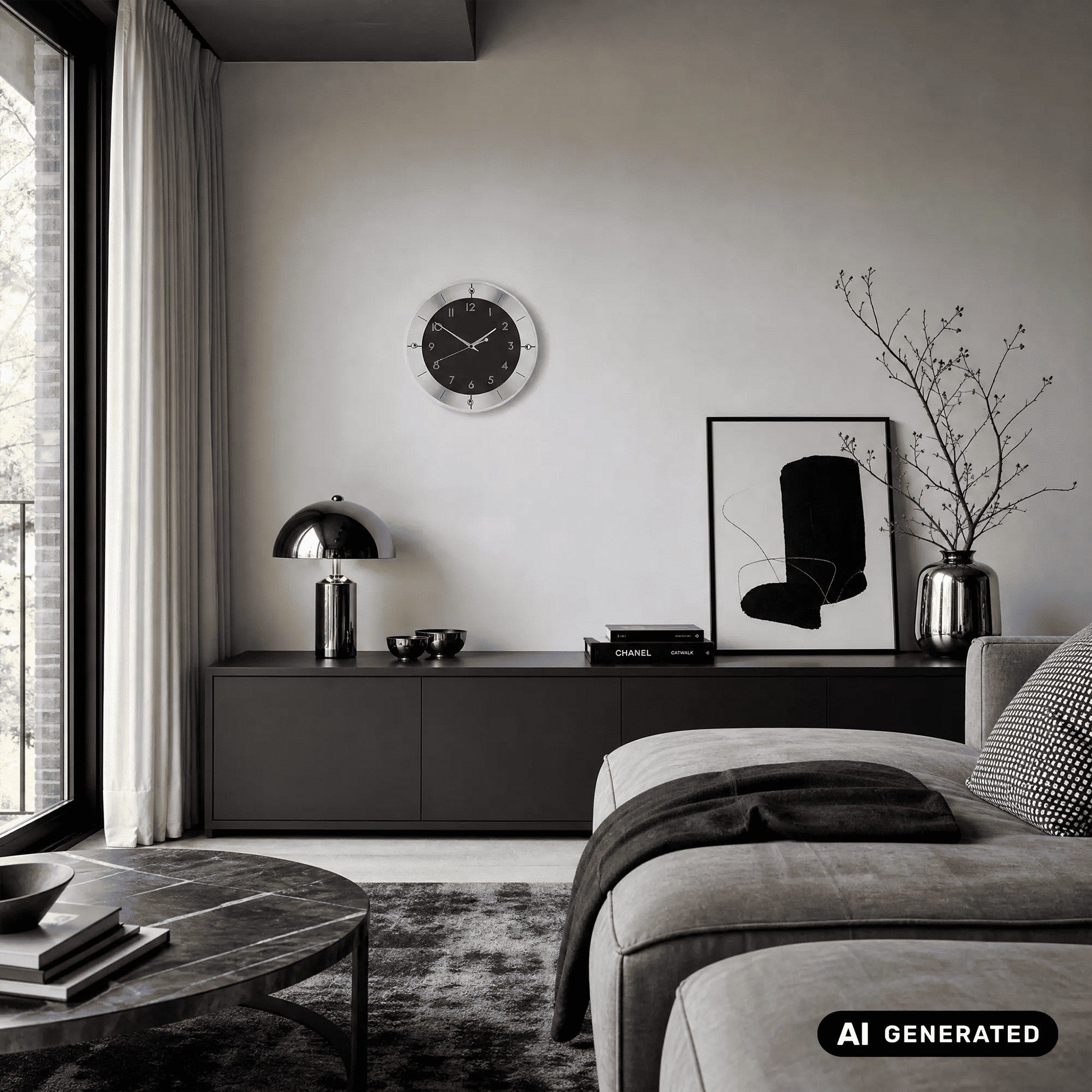 Wanduhr auf der Wand: schwarzes Zifferblatt mit silbernen Zeigern und Aluminiumgehäuse