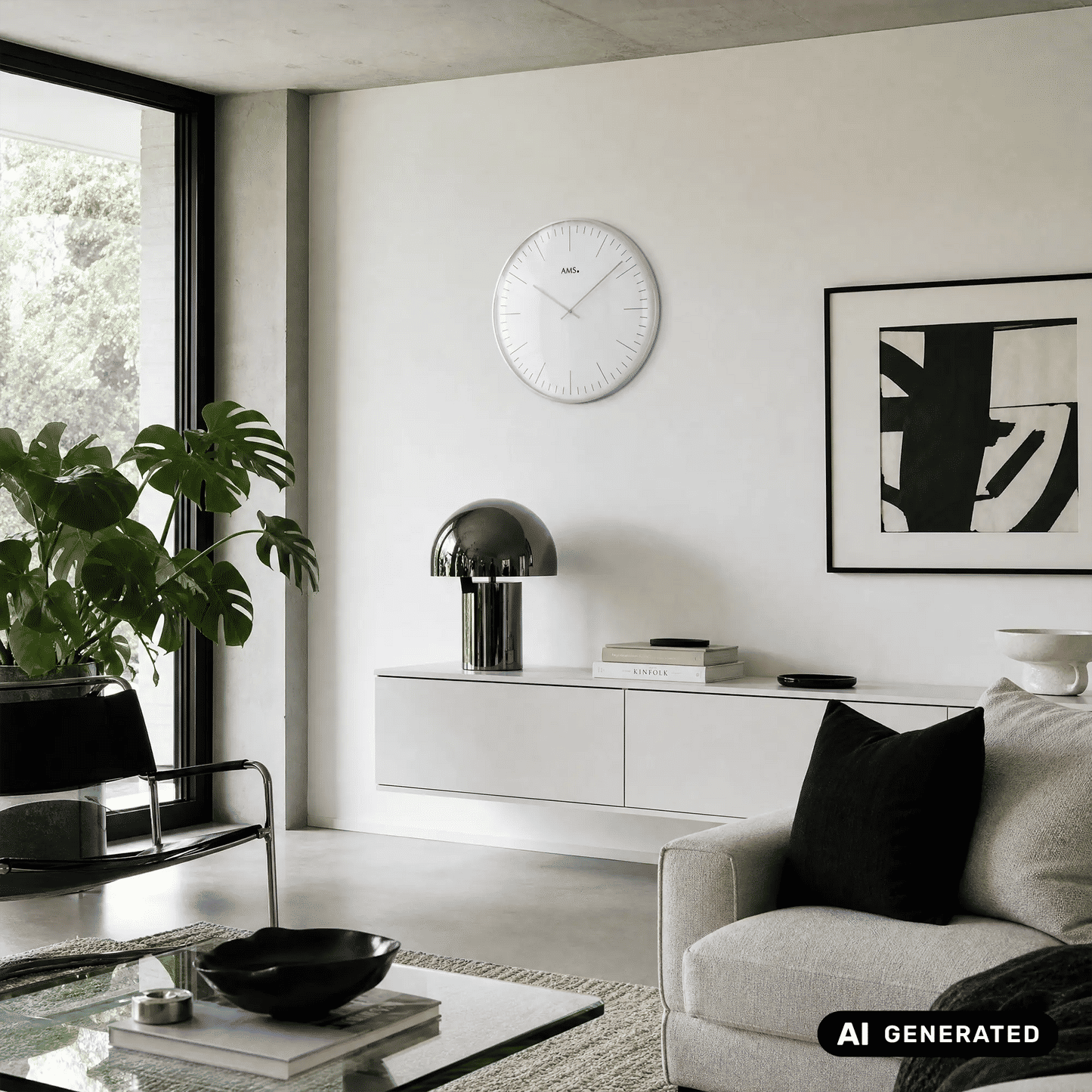 AMS W9540 Zegar ścienny srebrny • Wypukłe szkło mineralne • Aluminiowy pierścień przedni