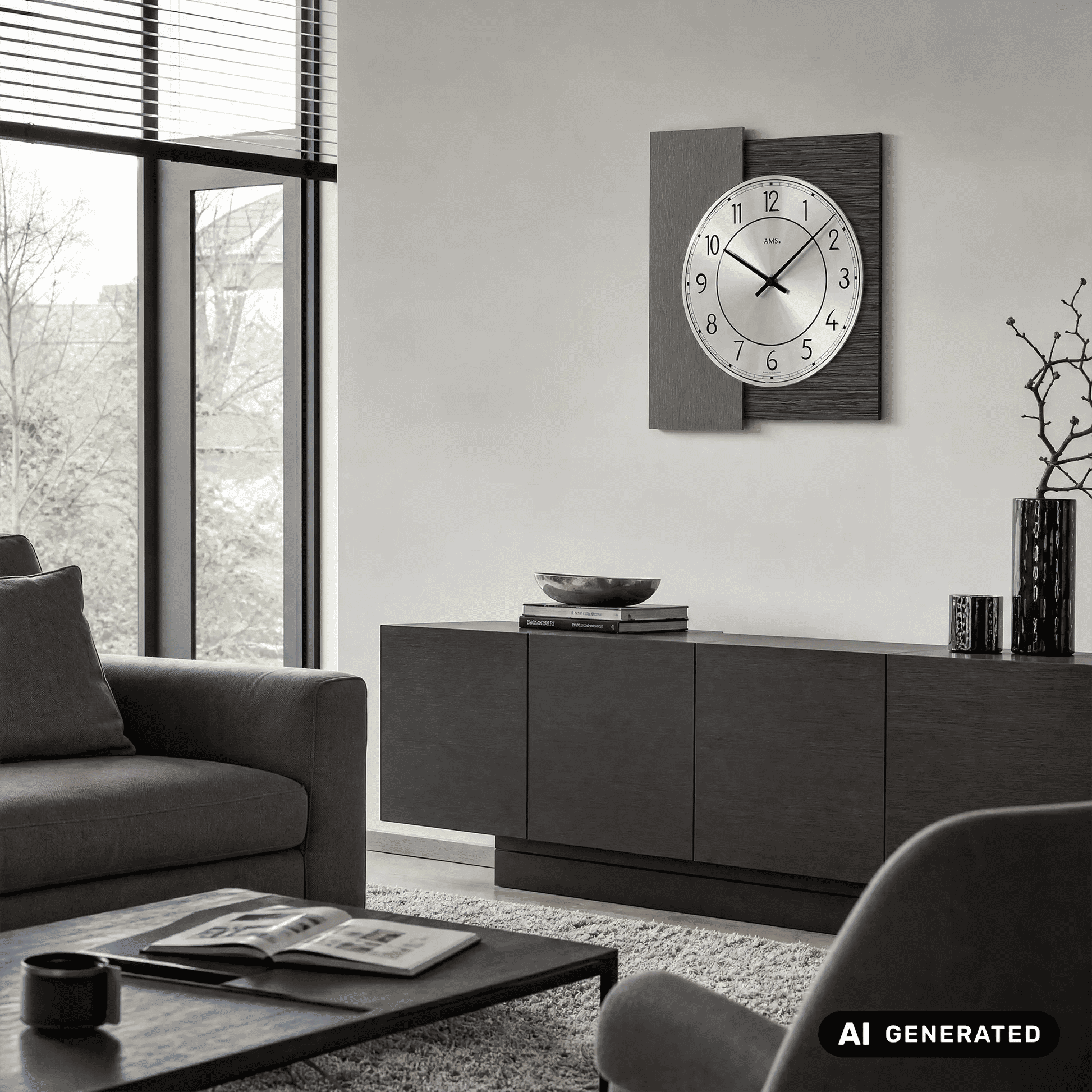 Wanduhr an der Wand, rundes Aluminium-Zifferblatt mit schwarzen Zeigern im Holzdekorrahmen