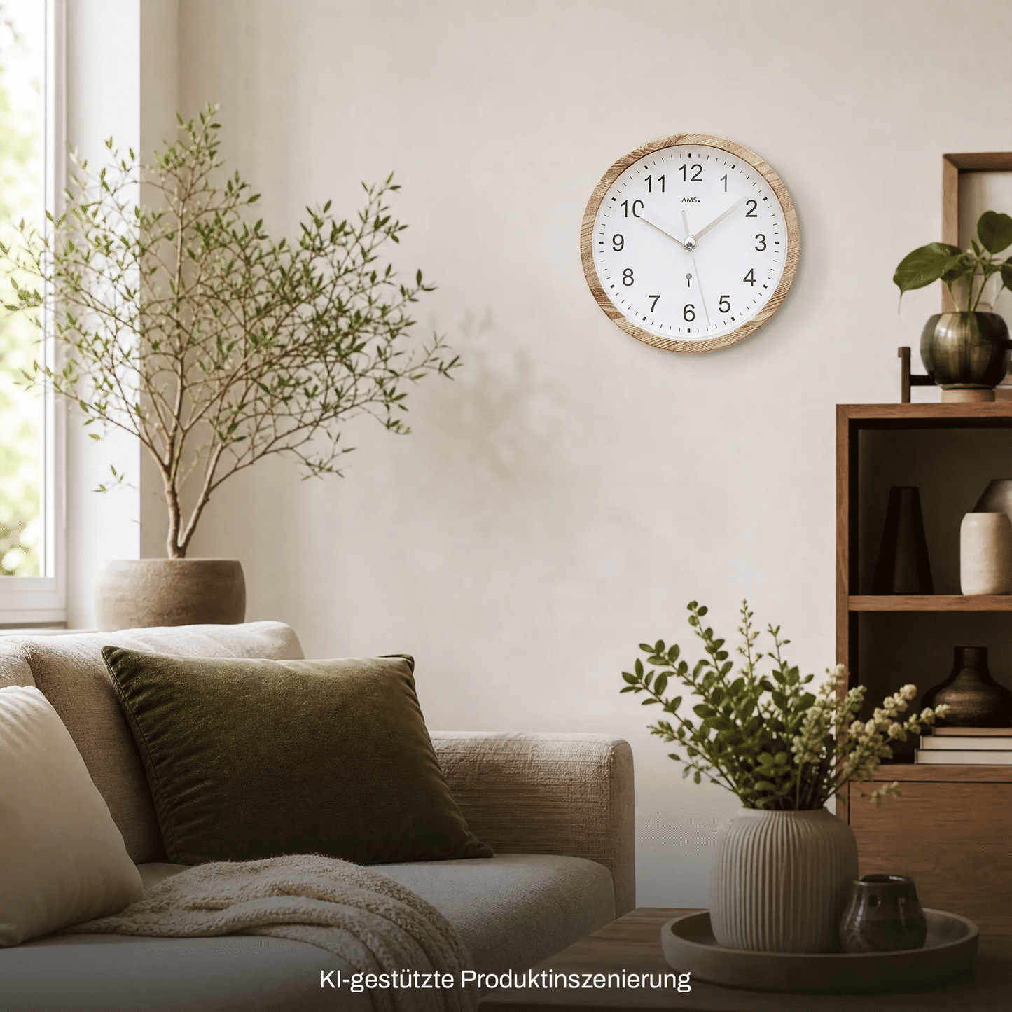 Wanduhr an der Wand mit Holzoptik-Rahmen und weißem Zifferblatt, gut sichtbare Ziffern
