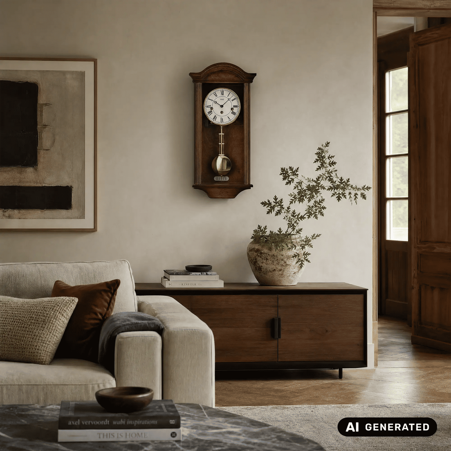 Nussbaumfarbene Wanduhr mit rundem Pendelgewicht in Goldoptik und weißem Ziffernblatt
