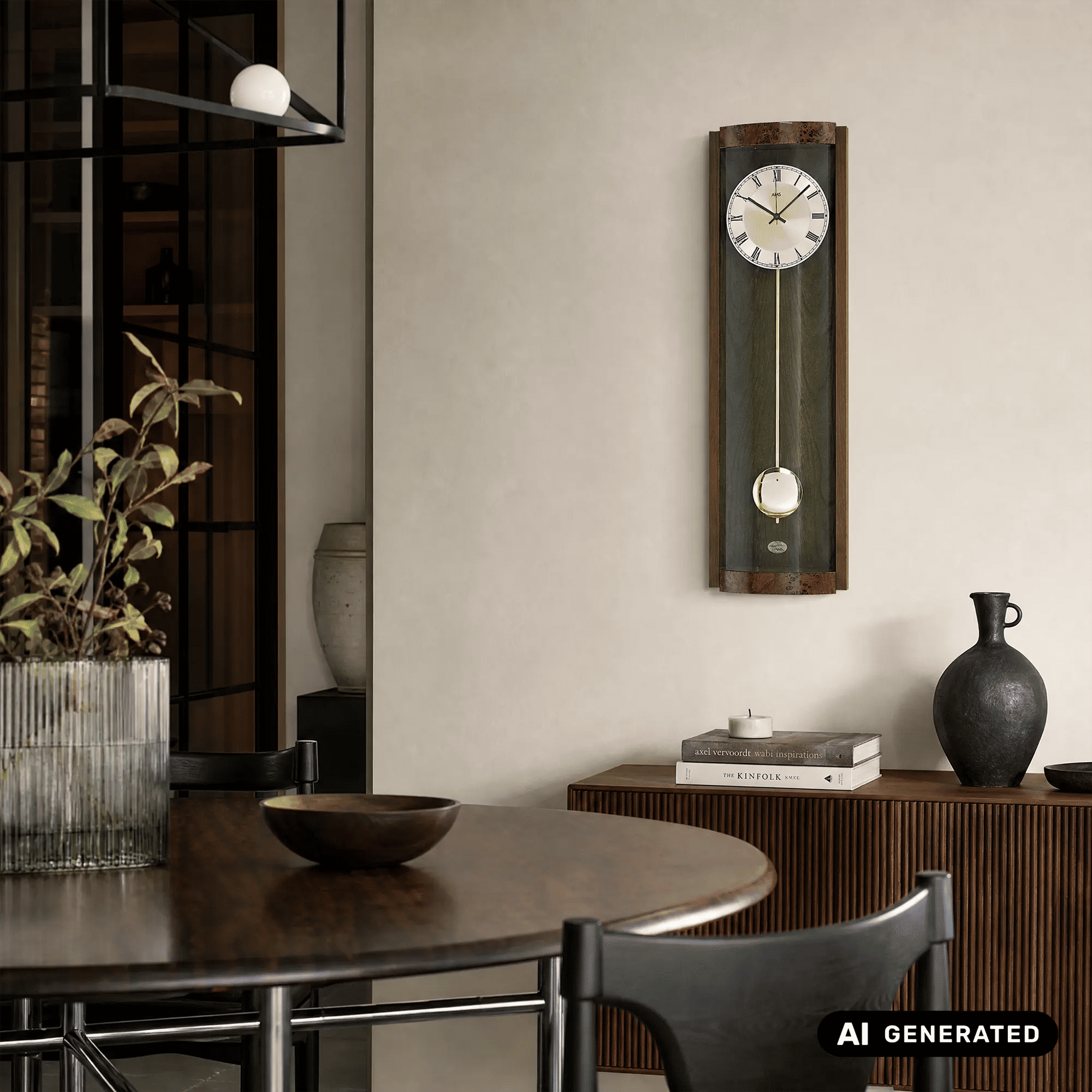 Wanduhr mit rechteckigem Rahmen, weißem Zifferblatt und goldenem Pendel