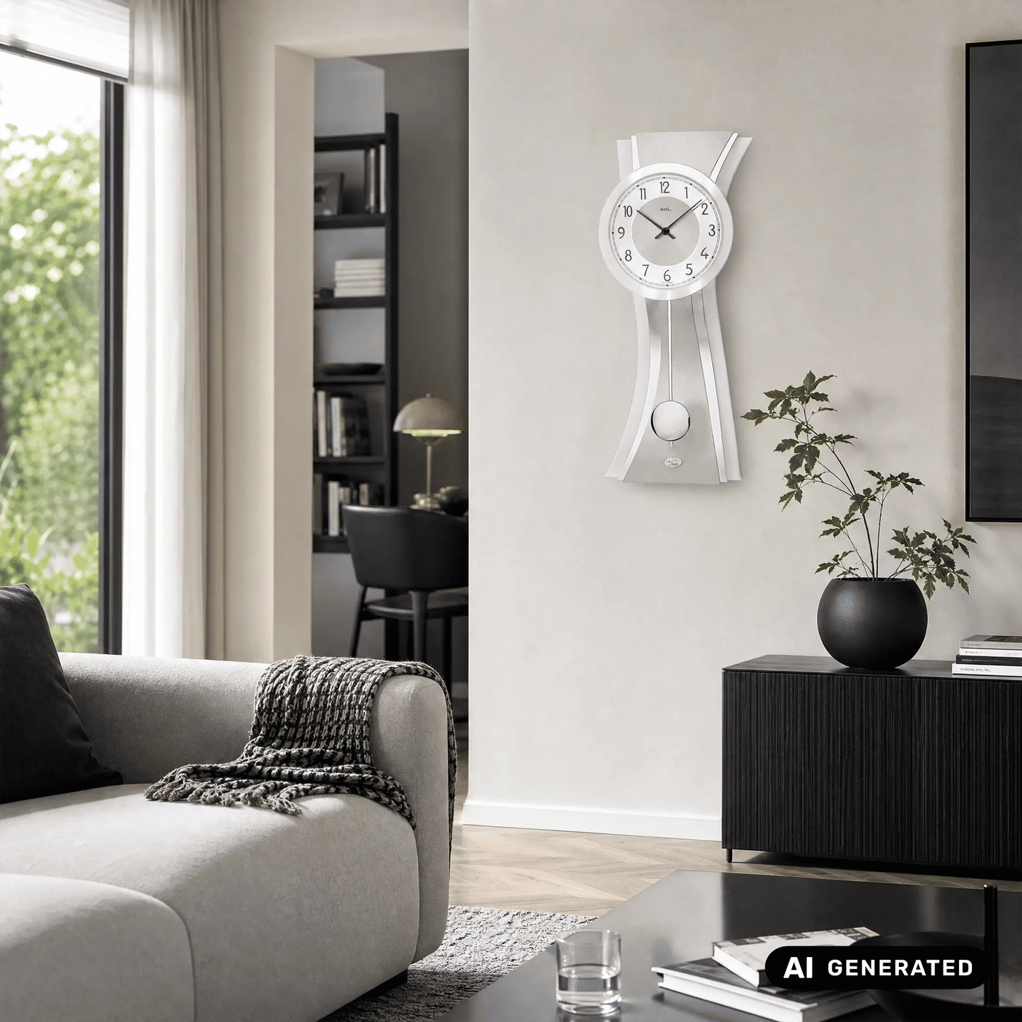 Zegar wahadłowy kwarcowy AMS W7268, zegar ścienny, aluminium • szkło mineralne • metalowa tarcza