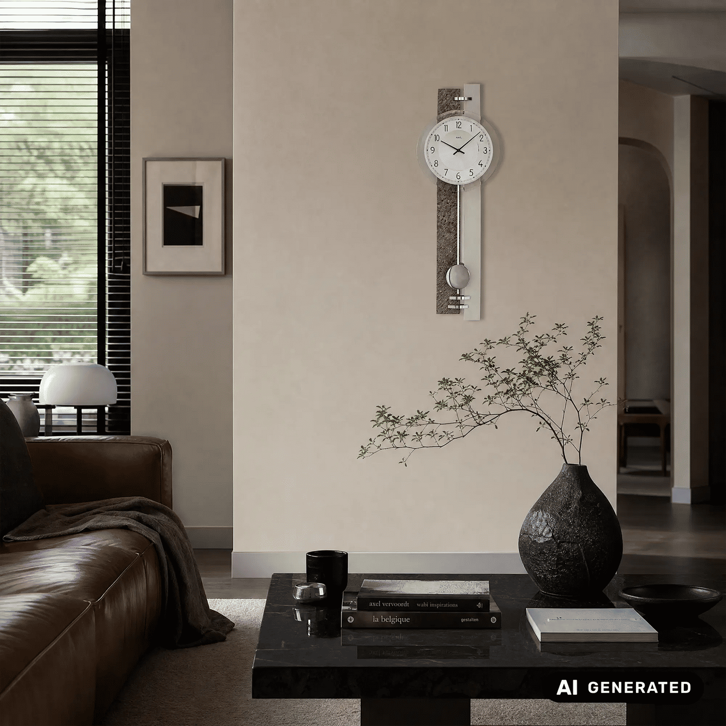 Pendelwanduhr mit rundem Ziffernblatt und Pendelknopf vor grauem Paneel