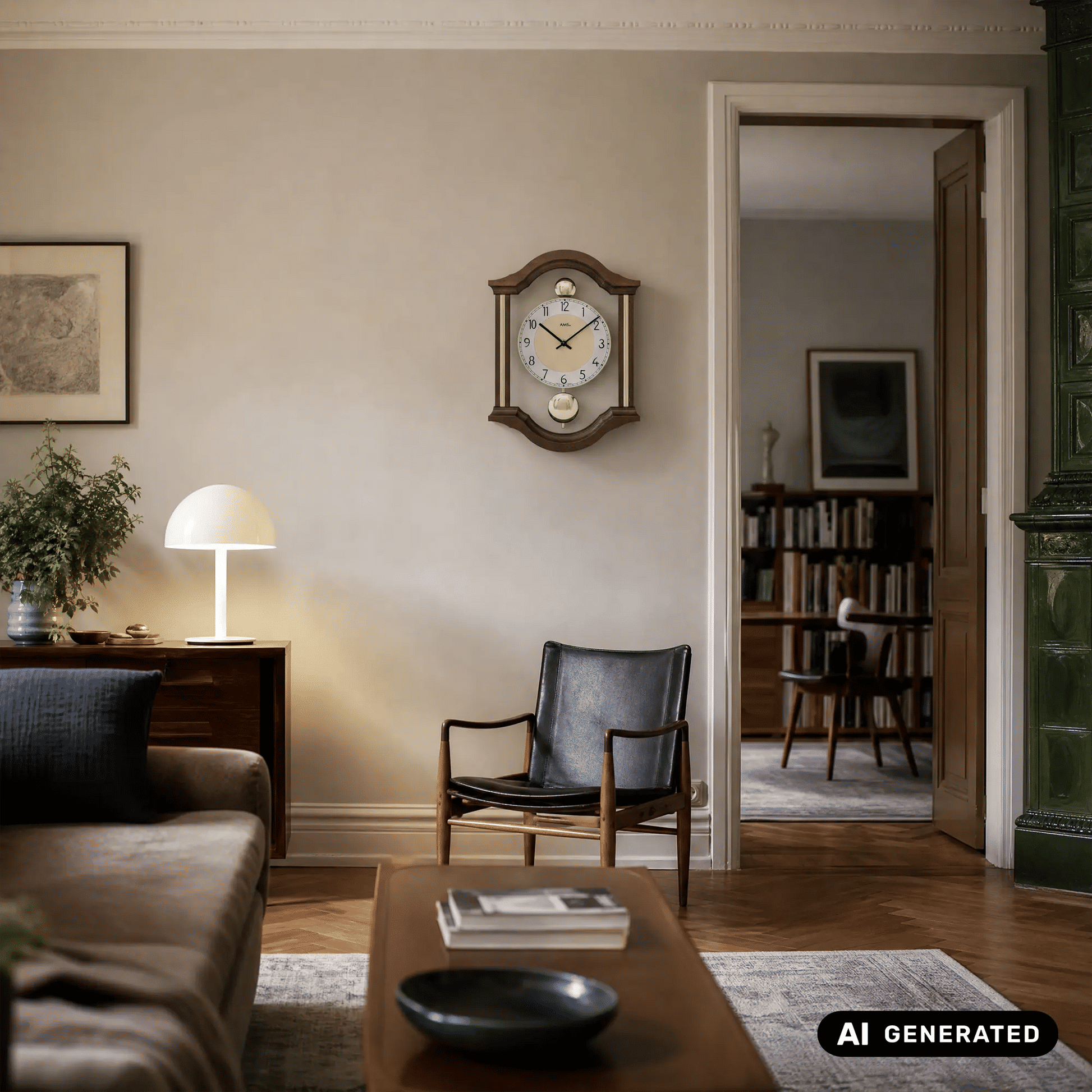 Wanduhr mit Nussbaumfarbenem Holzrahmen, rundem Ziffernblatt und Pendelglocken