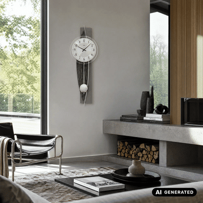 Zegar ścienny AMS W7458, dekor drewniany/aluminium • mechanizm kwarcowy z wahadłem • szkło mineralne fazowane