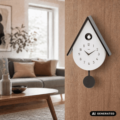 Kuckucksuhr-Wanduhr mit hellbraunem Holzgehäuse, rundem Pendel und schwarzen Details