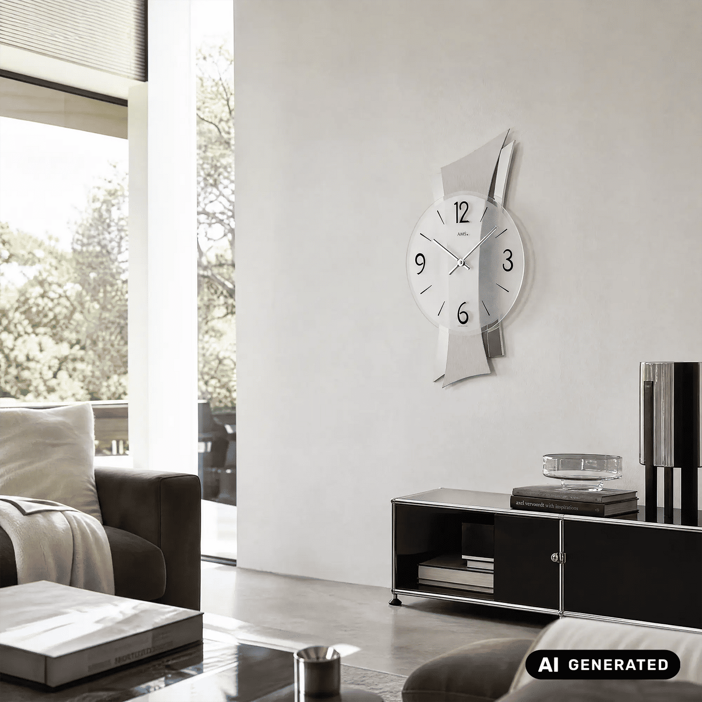 Zegar ścienny AMS Remini W9398, aluminium • Wygięta nakładka aluminiowa • Szkło mineralne, wyprodukowano w Niemczech