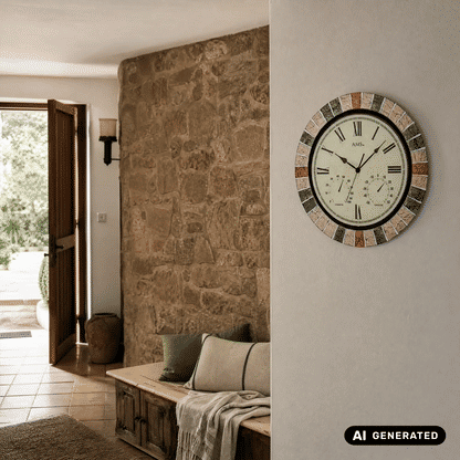 Outdoor-Wanduhr an der Wand mit beigem Zifferblatt, Thermometer- & Hygrometeranzeige, Mosaik