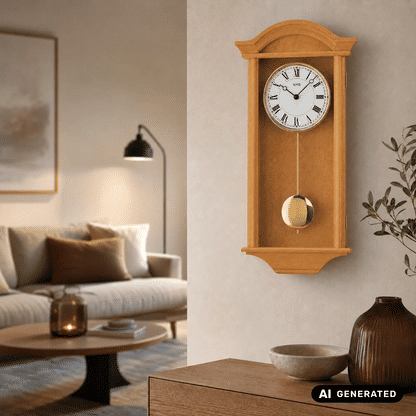 Wanduhr in hellem Holz mit römischen Ziffern, Pendelgewicht und Rundzifferblatt