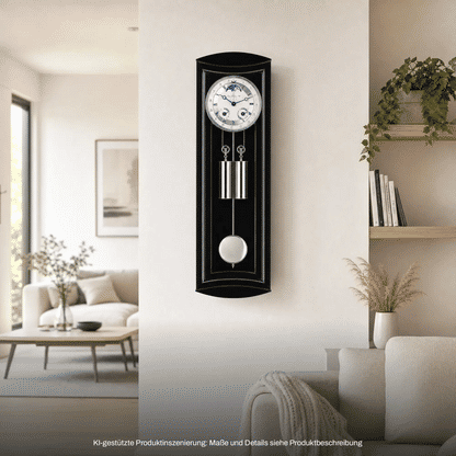Wanduhr mit schwarzem Gehäuse und weißem Zifferblatt, Pendelstäbe sichtbar