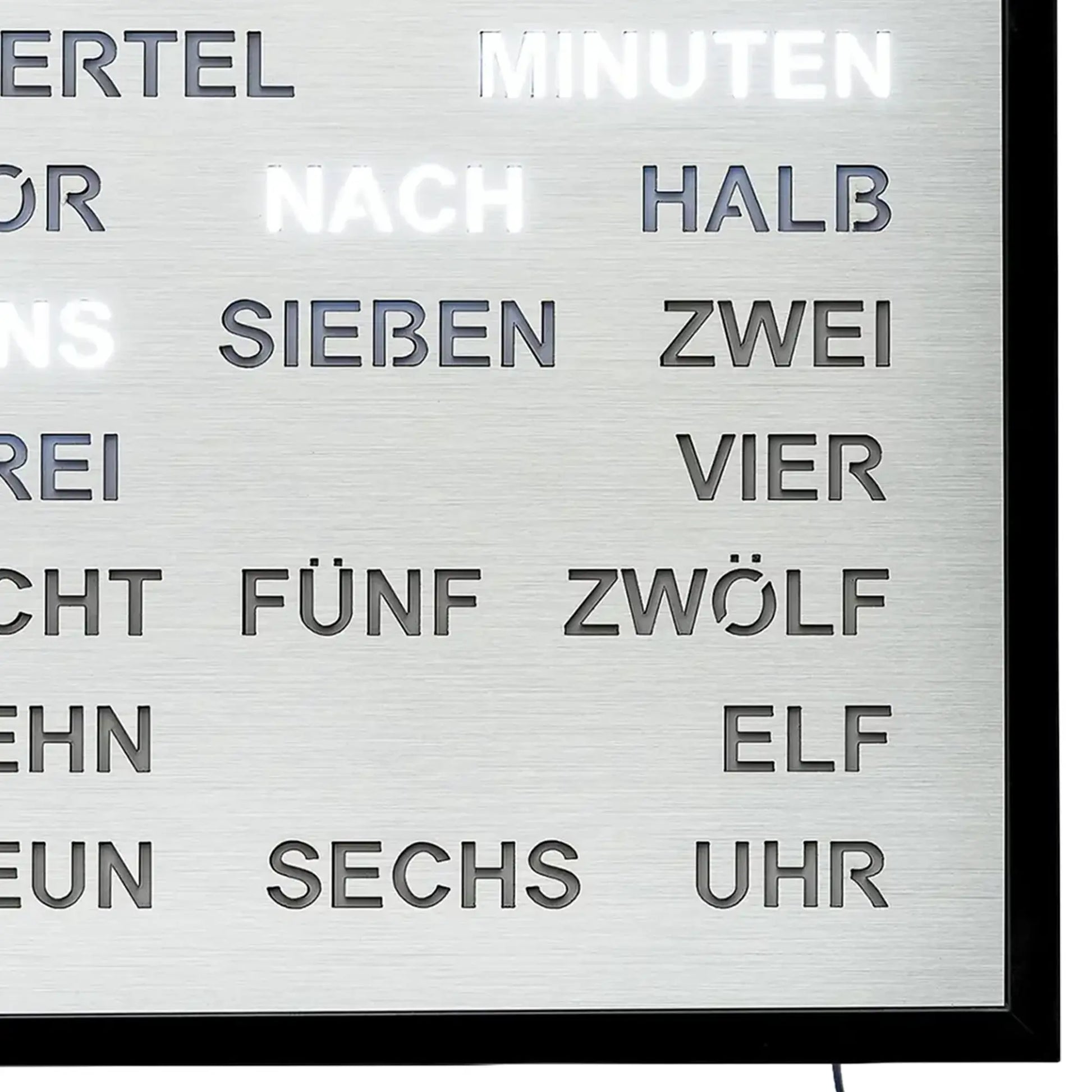 Alu-Wortuhr mit schwarzem Rahmen und LED-Schrift „ES IST ZEHN FÜNF“