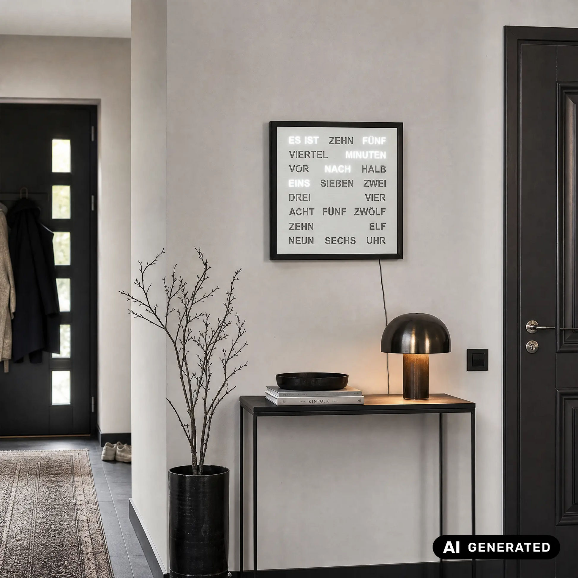 Wanduhr mit schwarzem Rahmen und LED-Wortanzeige an der Wand