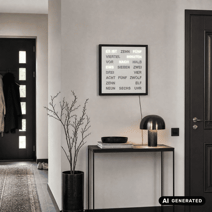 Wanduhr mit schwarzem Rahmen und LED-Wortanzeige an der Wand