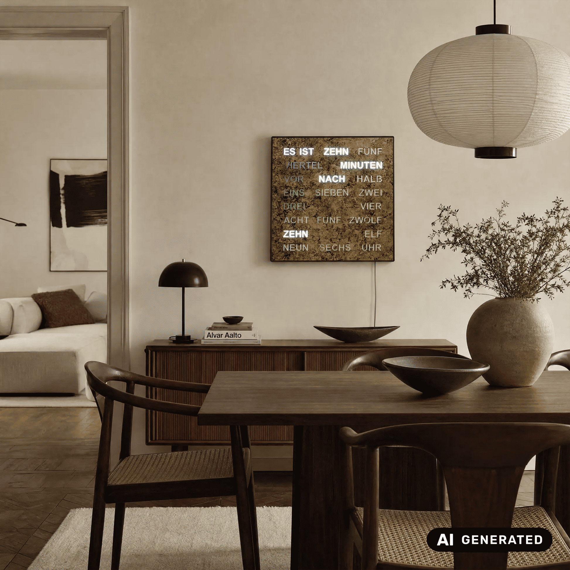 AMS Wortuhr mit LED-Anzeige, goldbraunes Quadratpanel, seitlich auf einer Holzfläche