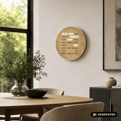 Runde Wortuhr an der Wand in Altmessing-Optik mit Zeitwörtern