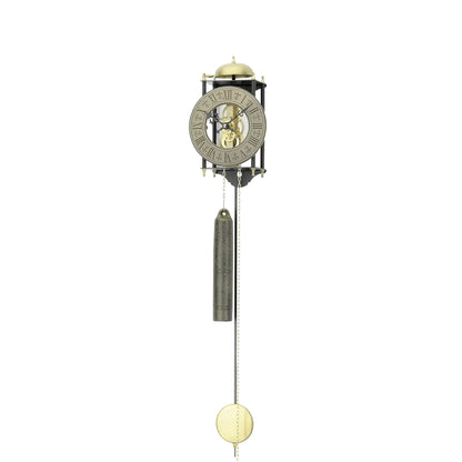 Wanduhr mit rundem Gehäuse, Pendel und zwei Kettengewichten