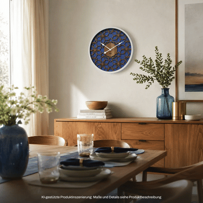 Wanduhr rund mit weißem Rahmen, blau-goldenem 3D-Muster und sichtbaren Zeigern