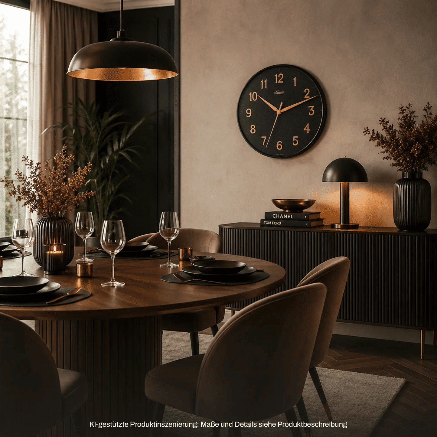 Hermle Wanduhr, runde Wanduhr mit schwarzem Zifferblatt und orangefarbenen Zeigern