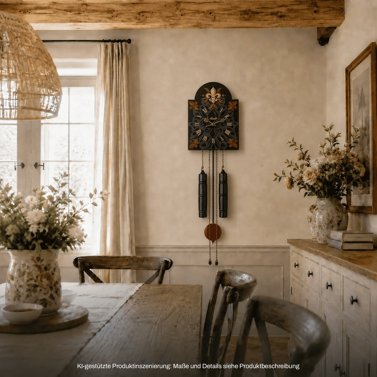 Wanduhr mit schwarzem Ziffernblatt, roten Schmuckelementen und hängenden Pendelteilen an der Wand
