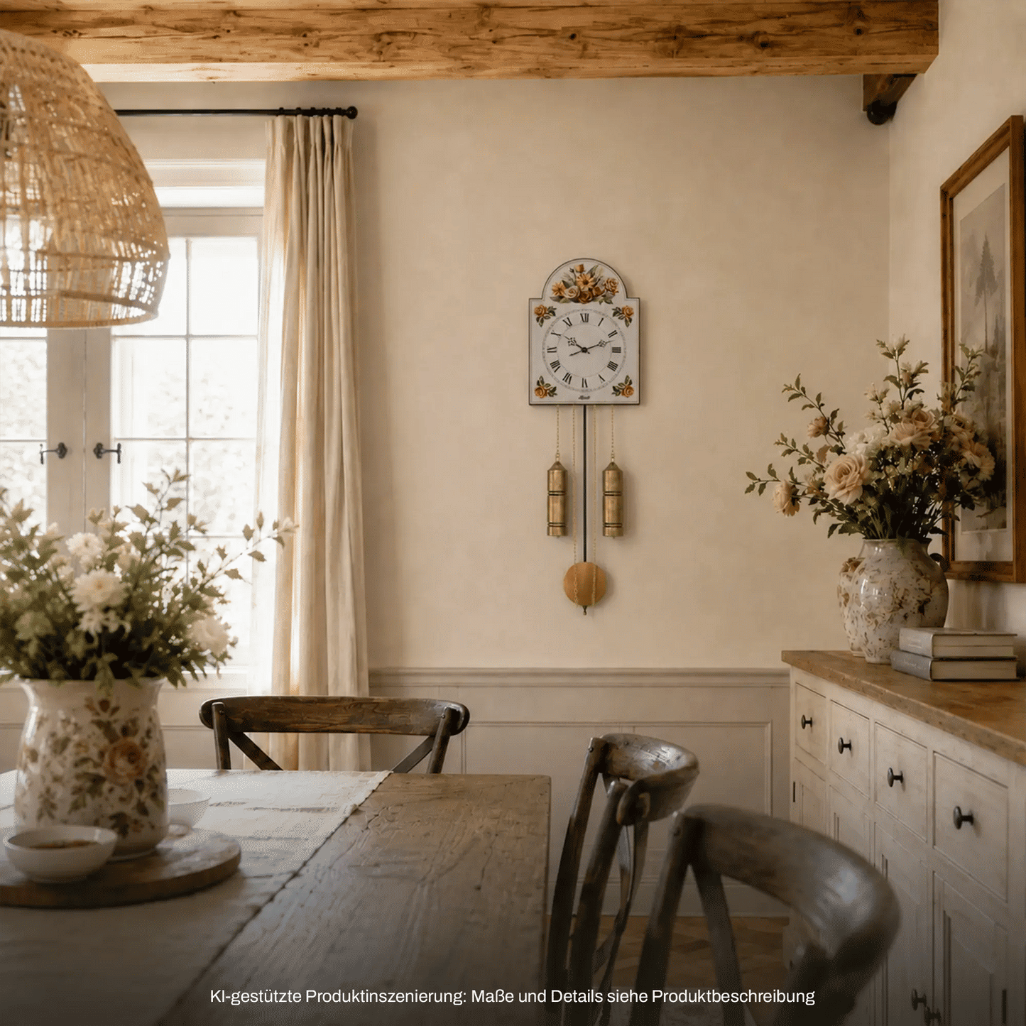 Wanduhr aus Holz mit weißem Zifferblatt, floralem Rahmen und zwei Messingpendeln