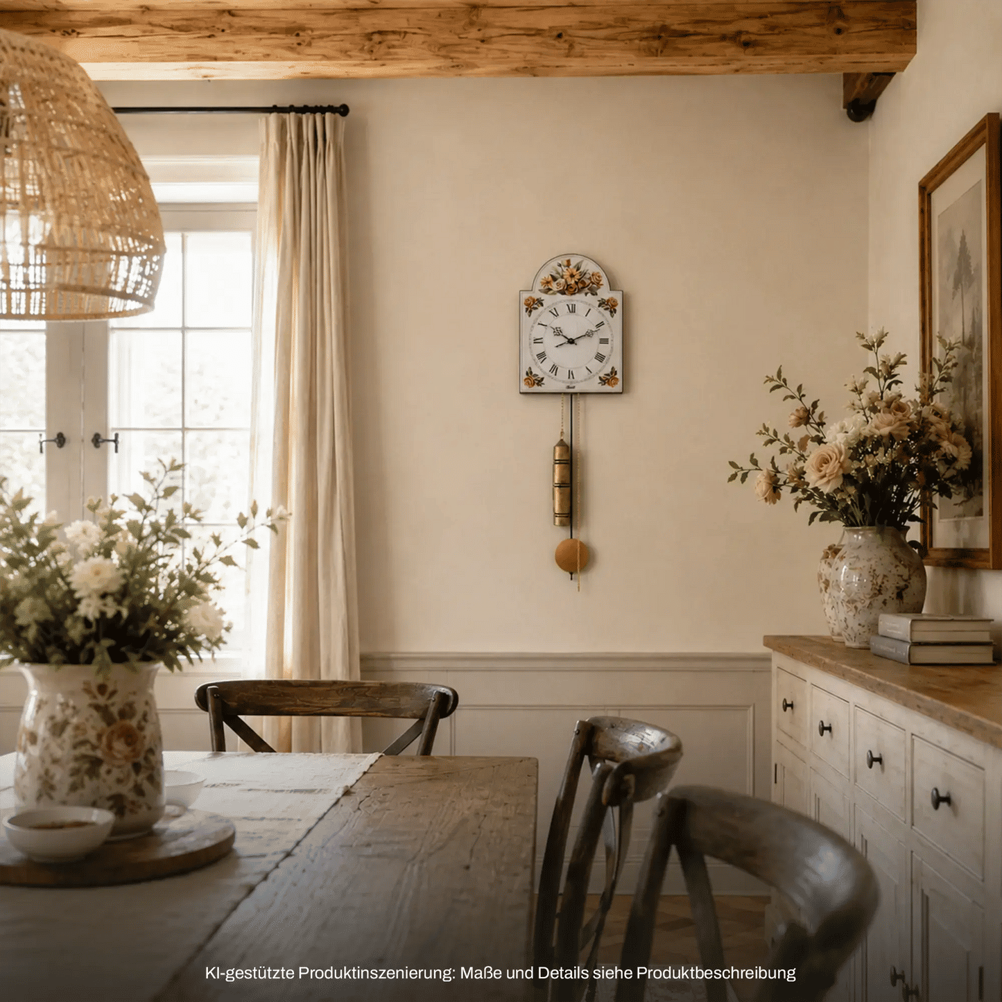 Wanduhr aus Holz mit weißem Zifferblatt, floralem Rahmen und Pendel