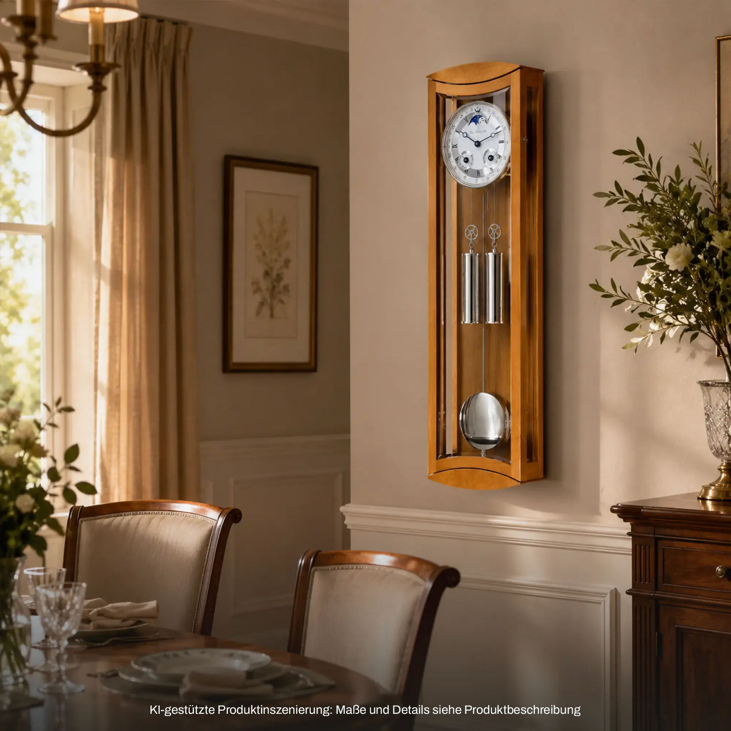 Hermle Wanduhr aus Holz mit Glasfront und rundem Zifferblatt, sichtbare Pendelmechanik