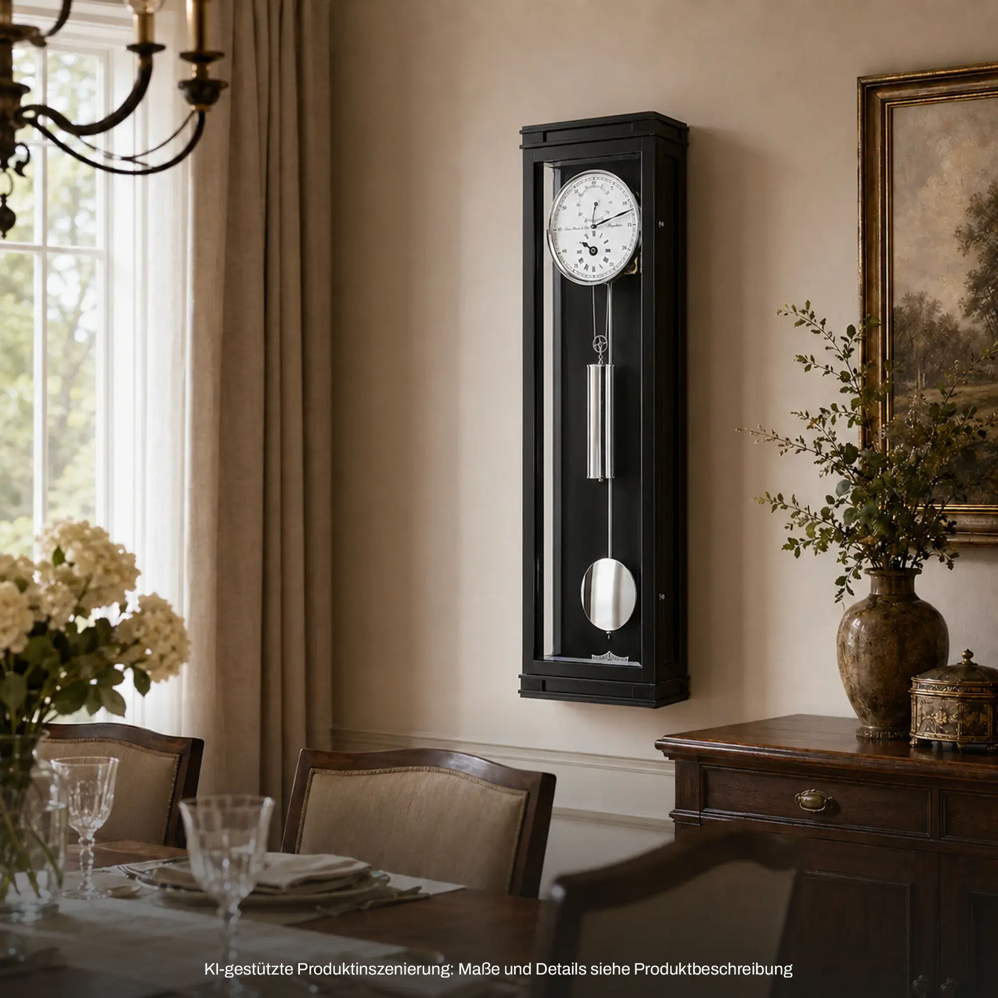 Wanduhr mit schwarzem Gehäuse und Regulator-Zifferblatt, klarer Pendelstab innen